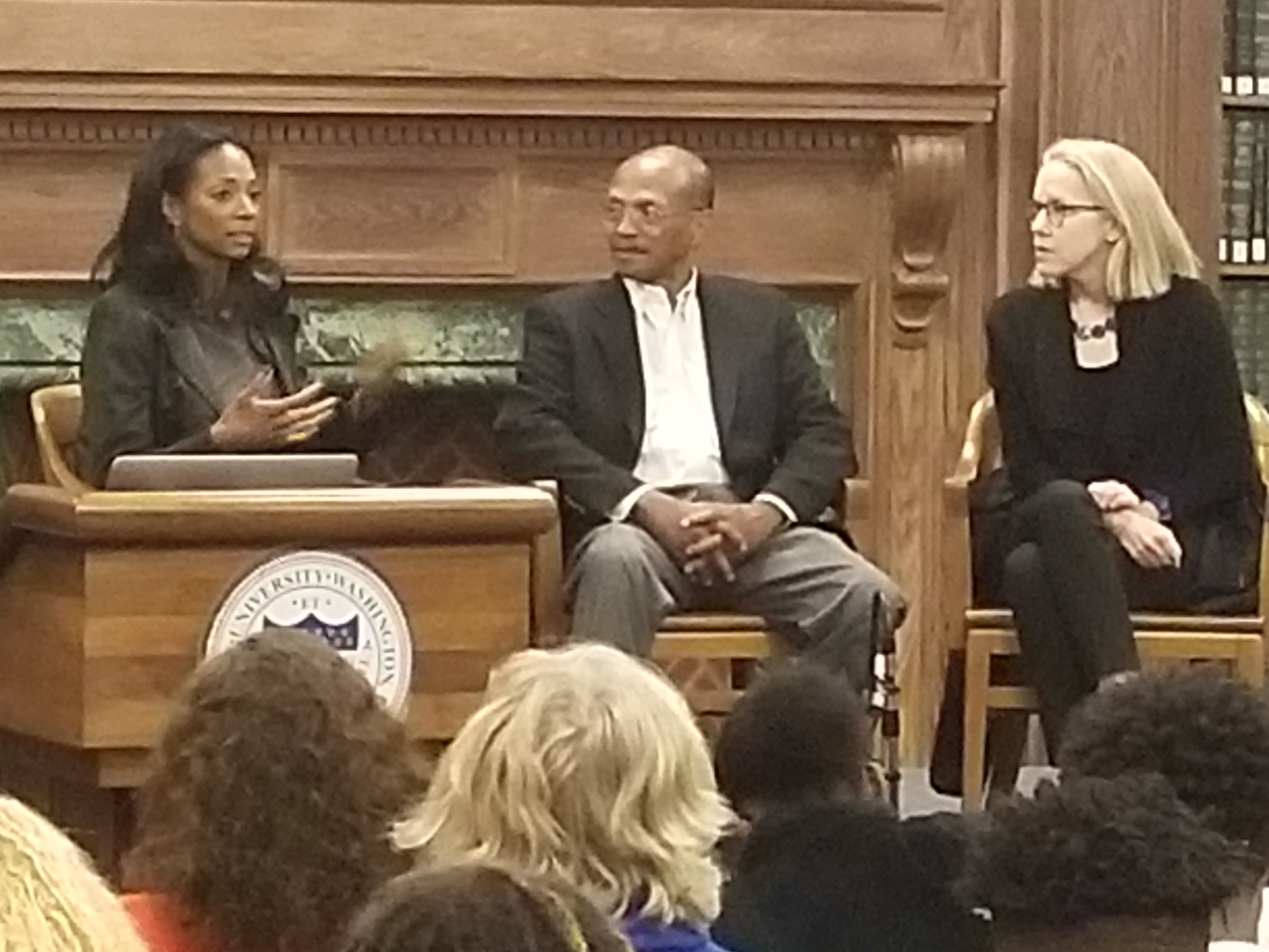 Robin Hamilton speaking at Howard University alongside Gibbs and Quigley